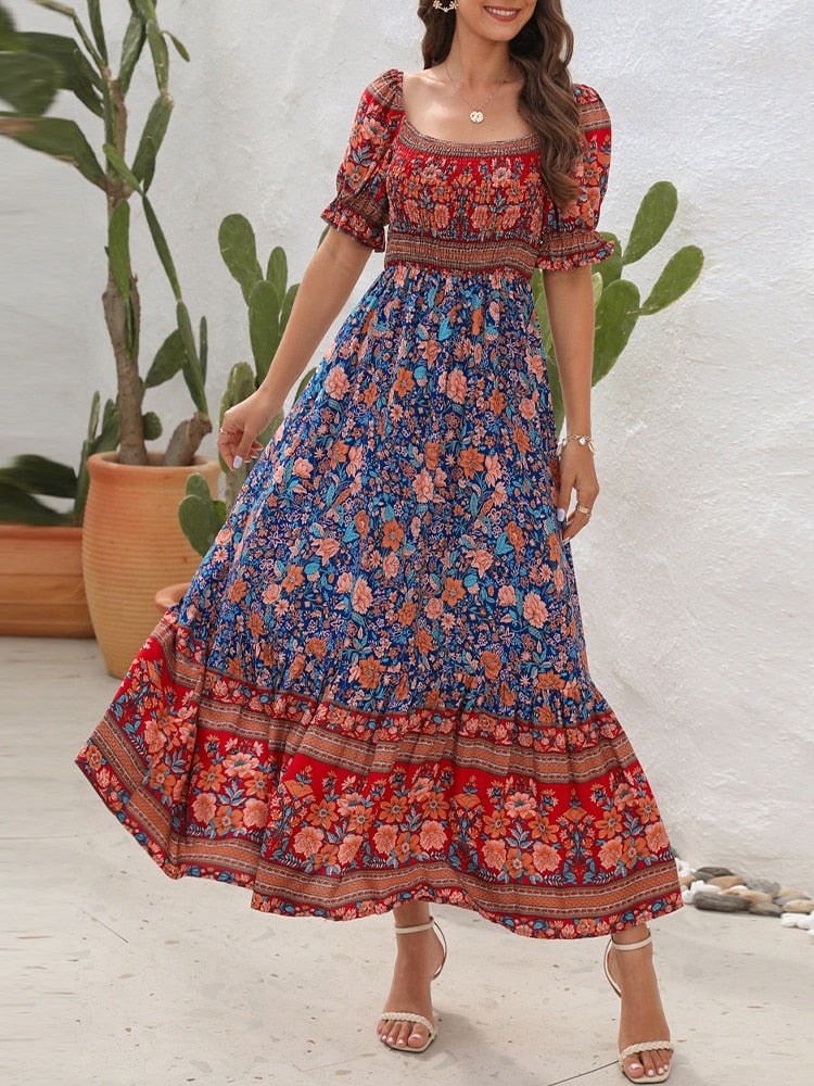 Boho Floral Print Long Dress Women Summer Beach Sundress Short Sleeve Square Neck Ruffle Pleated Dress Bohemian Casual Dresses