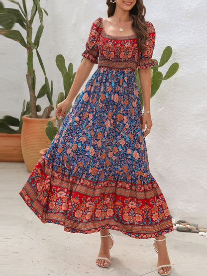 Boho Floral Print Long Dress Women Summer Beach Sundress Short Sleeve Square Neck Ruffle Pleated Dress Bohemian Casual Dresses