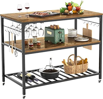 Island with Wine Glass Holder, Industrial Wood and Metal Coffee Bar Wine  Table, 3 Tier Spacious Kitchen Prep Table Extended Cou