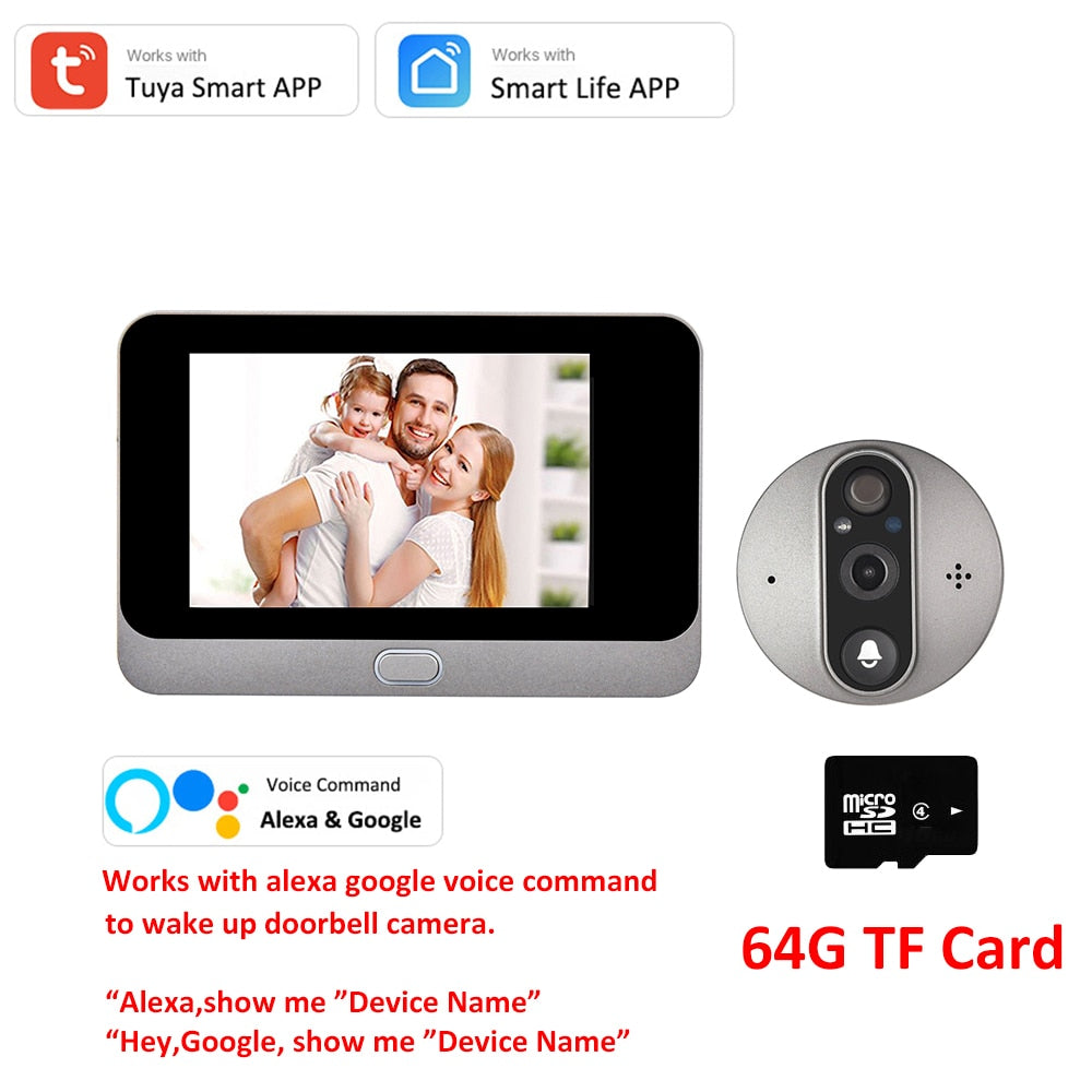 Smart Tuya 1080P WiFi Door Bell Eye Peephole Camera 5000mAh Audio 4.3&#39; PIR FHD Infrared Alexa Google Announcement Digital Viewer