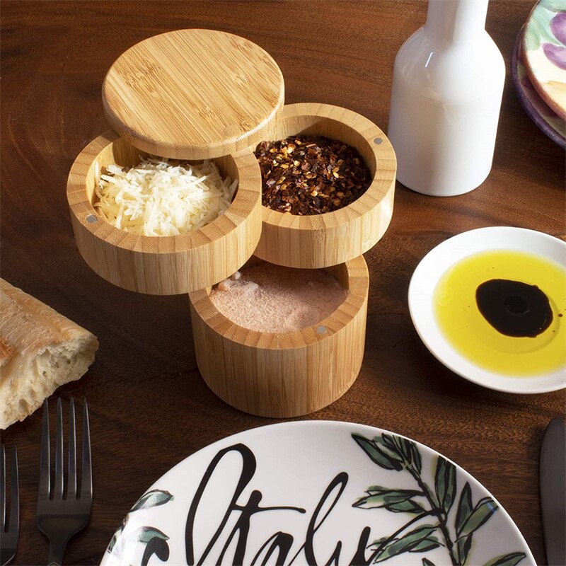 Bamboo Triple Salt Cellar with Magnetic Swivel Lids Kitchen Salt Pepper Storage Box Salt Jar Kichen Wood Salt Cellar Container