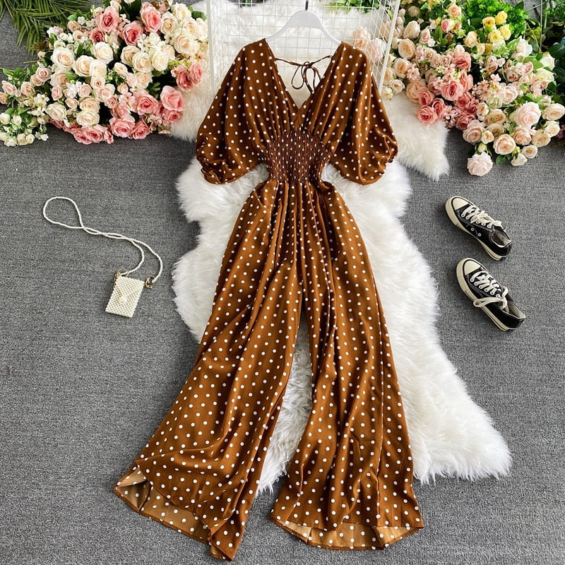 F V Neck Sexy Dolman Sleeves Waist Slim Polka Dot Print Jumpsuit Women Wide Leg Trousers Jumpsuit