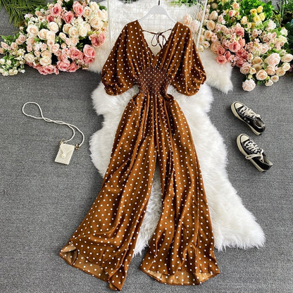 F V Neck Sexy Dolman Sleeves Waist Slim Polka Dot Print Jumpsuit Women Wide Leg Trousers Jumpsuit
