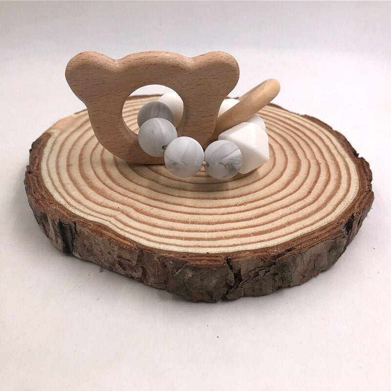 Wooden Baby Bracelet Animal Shaped Jewelry Teething For Baby Organic Wood Silicone Beads Baby Rattle Stroller Accessories Toys