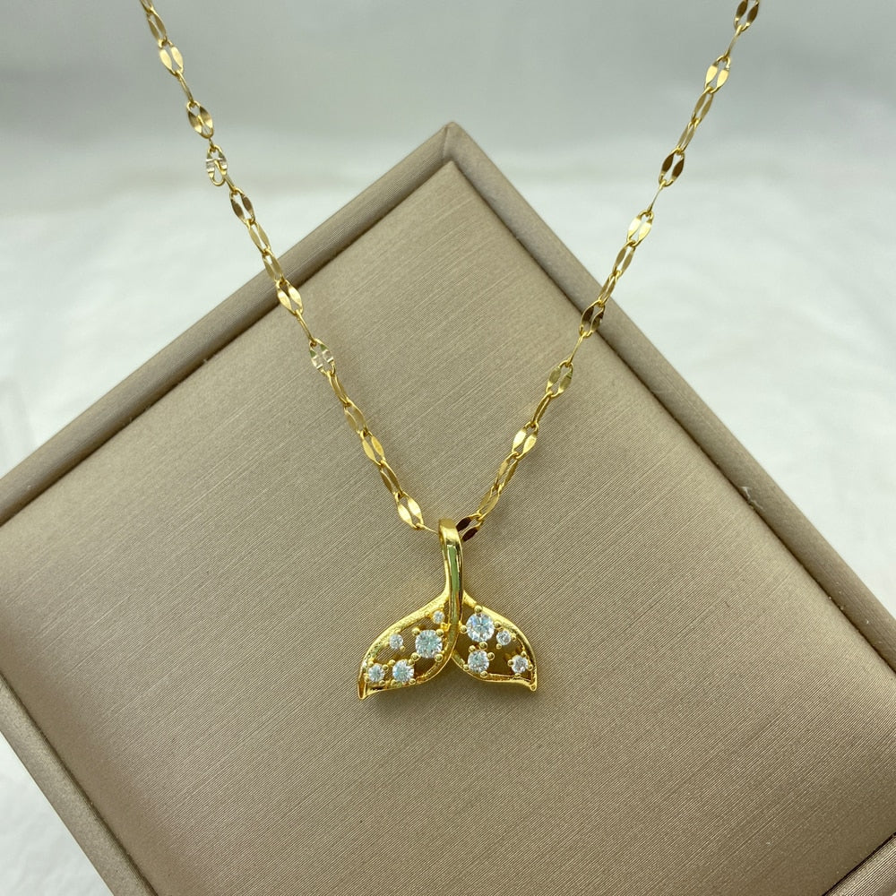 Gold Color Necklace for Women Zircon Jewelry Pendant Necklace Stainles Steel Mermaid Heart Butterfly Stainless Steel Sunflower