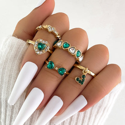 Aprilwell 5Pcs Green Crystal Rings Set for Women Gold Plated Vintage Aesthetic Geometric Luxury Anillos Lady Jewelry Gifts Bague