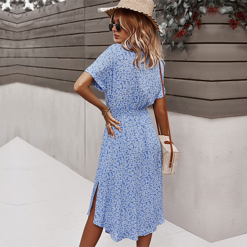 2022 Women Floral Dress Summer Casual Short Sleeve Button Holiday Midi Dresses Female V-Neck Beach Boho Chic Dress Elegant Robe