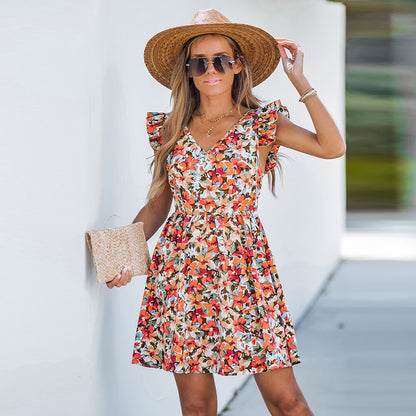 Floral Print V-Neck Ruffled Sleeves Mini Dress For Women Sexy V-neck Holiday Beach A-line Dress 2023 Summer Female Sundress