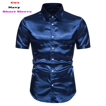 Royal Blue Silk Satin Shirt Men 2023 Luxury Brand New Slim Fit Mens Dress Shirts Wedding Party Casual Male Casual Shirt Chemise