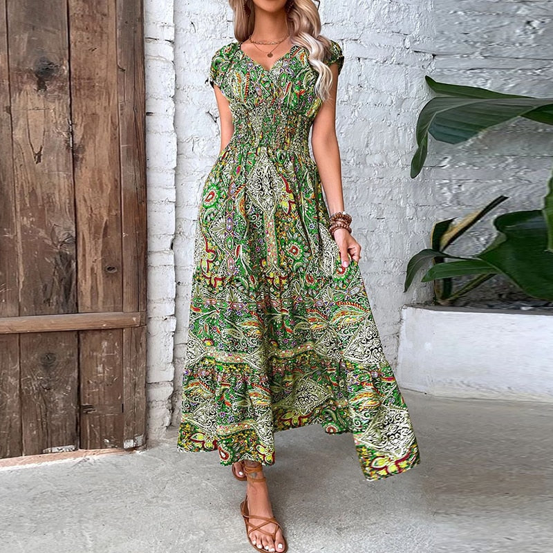 2023 Vintage Print Long Dress Women Summer V Neck Sexy Short Sleeve Elegant Elastic Waist A-line Maxi Dresses For Women