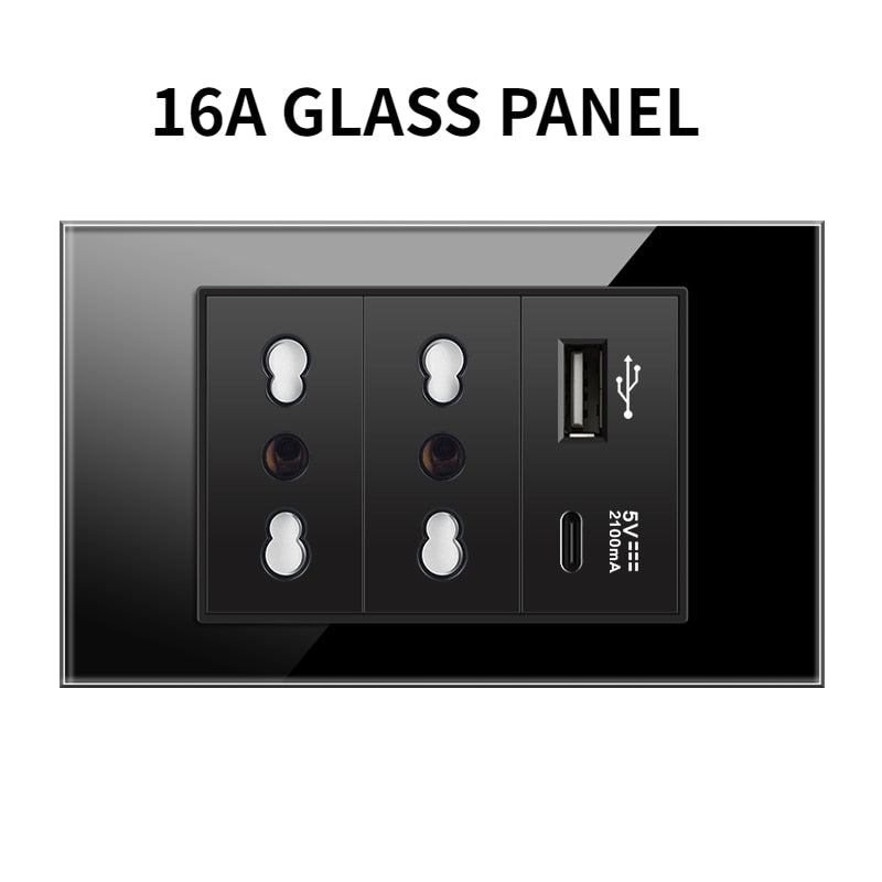 20A Brazil/US/Italy/Chile Plug Wall Sockets USB Type C Pressure Switch Plastic/ Tempered Glass 118 Panel Outlets Home Office