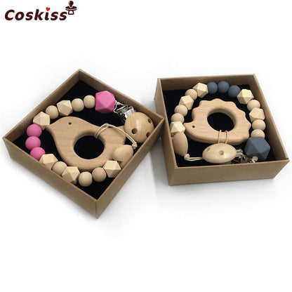 2pc Baby Teether Organic Wooden Animal Teether Natural Teething Grasping Toy Silicone Bead Toddler Teether Newborn DIY Baby Gift