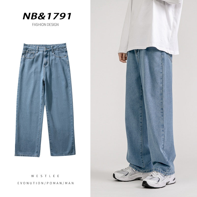 Korean Fashion Men&#39;s Baggy Jeans Classic All-match Solid Color Straight-leg Denim Wide-leg Pants Male Light Blue Grey Black