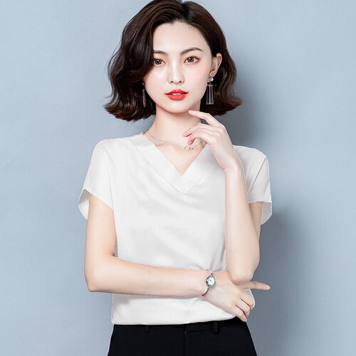 Office Lady Solid V-neck Blouse Women Summer 2023 Short Sleeve Casual Silk Satin Shirts Casual M-4XL Loose Tops Clothes 10297