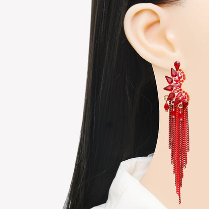 New Trendy Metal Chains Dangle Earring Red Rhinestone Long Tassel Earrings for Women 2023 Summer Jewelry Accessoires Femme