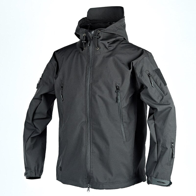 Spring and Autumn Thin Shark Skin Jacket Men&#39;s Hooded Multi Pocket Zipper Tactical Coat Men Outdoor Special Forces Combat Jacket
