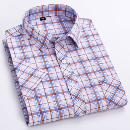 Men's Plaid Shirts Short Sleeve Thin Summer Luxury Standard Fit Checked Casual Shirt For Men 100% Cotton