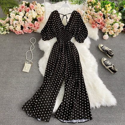 F V Neck Sexy Dolman Sleeves Waist Slim Polka Dot Print Jumpsuit Women Wide Leg Trousers Jumpsuit