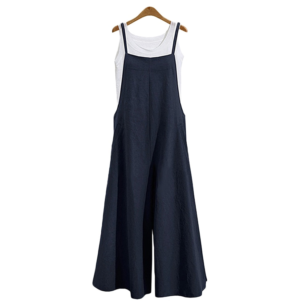Casual Loose Jumpsuit Women Summer Solid Cotton Linen Straps Wide Leg Pants Dungaree Bib Overalls Sleeveless Oversized Jumpsuits