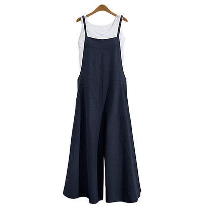 Casual Loose Jumpsuit Women Summer Solid Cotton Linen Straps Wide Leg Pants Dungaree Bib Overalls Sleeveless Oversized Jumpsuits