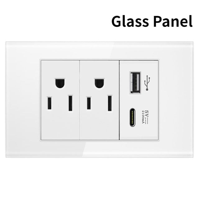 20A Brazil/US/Italy/Chile Plug Wall Sockets USB Type C Pressure Switch Plastic/ Tempered Glass 118 Panel Outlets Home Office