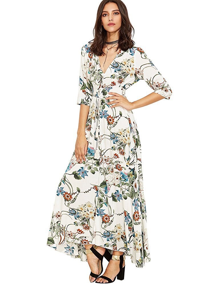 Casual Vacation Bohemian Half Short Sleeve Dress Vintage V-Neck Loose Long Printed Dress Elegant 5XL Pleasure Dress Women 19138