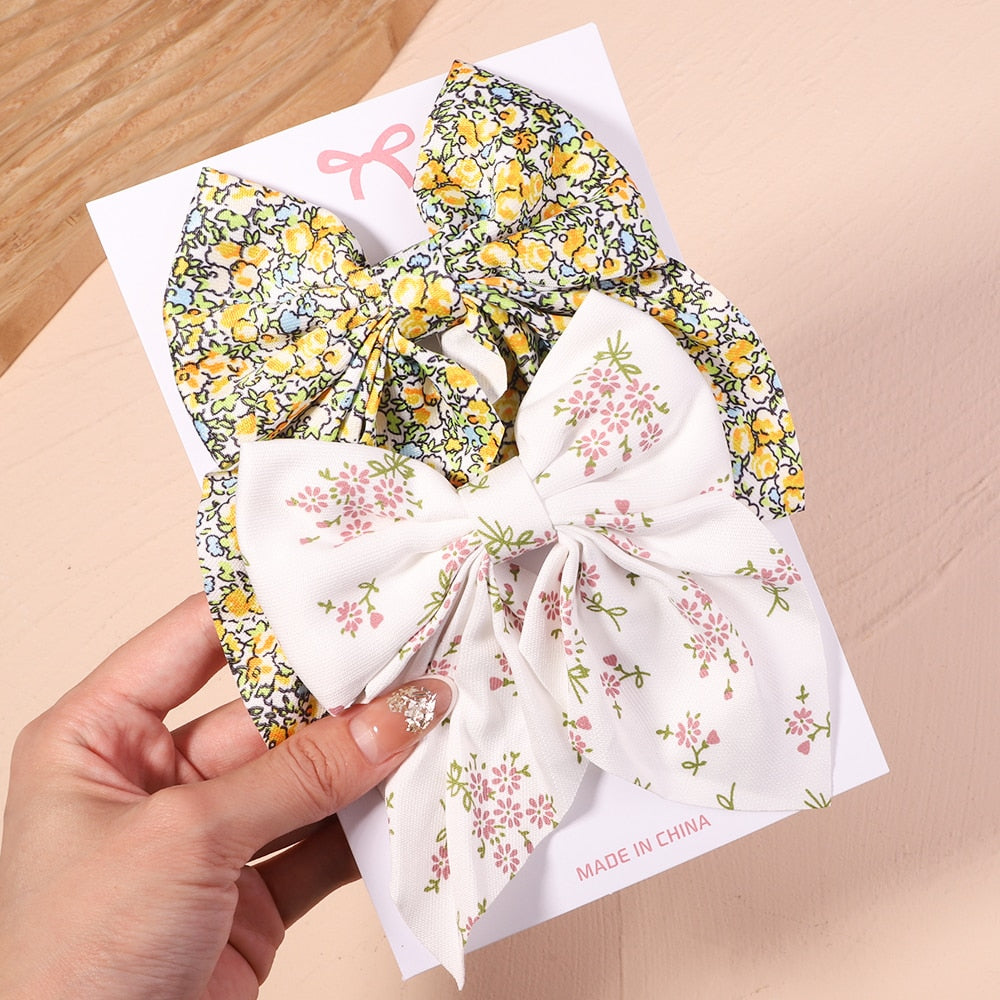 2Pcs/set Women Girls Sweet Solid Bowknot Hair Clips Print Bows Hairpins Ribbon Barrettes Duckbill Clip Headwear Hair Accessories