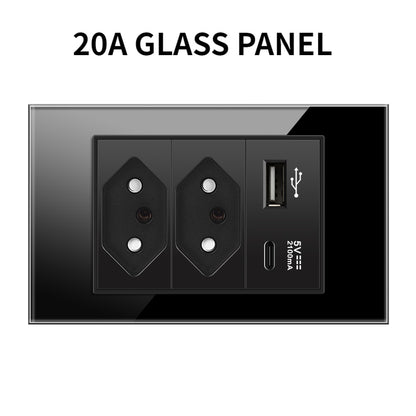20A Brazil/US/Italy/Chile Plug Wall Sockets USB Type C Pressure Switch Plastic/ Tempered Glass 118 Panel Outlets Home Office