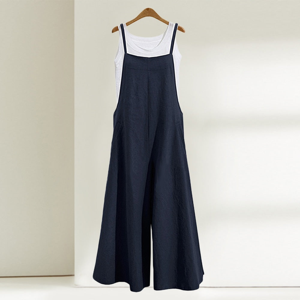 Casual Loose Jumpsuit Women Summer Solid Cotton Linen Straps Wide Leg Pants Dungaree Bib Overalls Sleeveless Oversized Jumpsuits