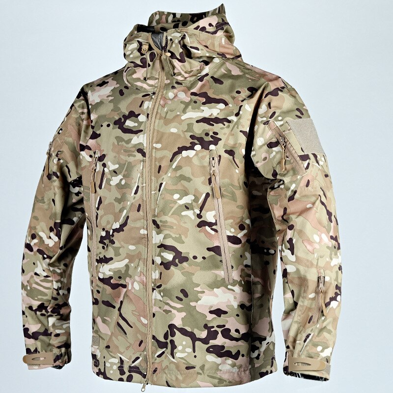Spring and Autumn Thin Shark Skin Jacket Men&#39;s Hooded Multi Pocket Zipper Tactical Coat Men Outdoor Special Forces Combat Jacket