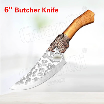 Handmade Forged Stainless Steel Kitchen Knife Cleaver Chinese Butcher Boning Knife Pig Beef Cutting Knife with Knife Wood Handle