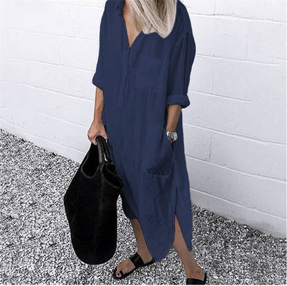 Women&#39;s Cotton Linen Shirt Dresses Loose Long Sleeve Turn-Down Collar Pullover Solid Dresse Casual Holiday Beach Party Sundress