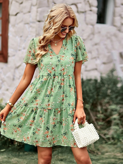 Msfilia Fashion Floral Dress Women Spring Autumn V Neck Short Sleeve Loose Chic Printed Dresses