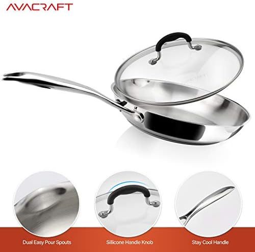 12 Inch Stainless Steel Frying Pan with Lid, Side Spouts, Induction Pan, Versatile Stainless Steel Skillet, Fry Pan in our Pots