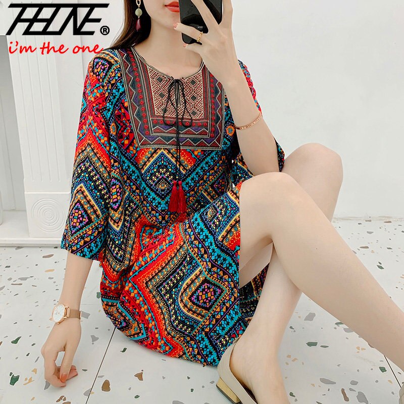 Women's Clothing Women Indian Dress Ready Stock Summer Vintage Causal Korean Style Beach Embroidery Tassel Floral Print Vestidos