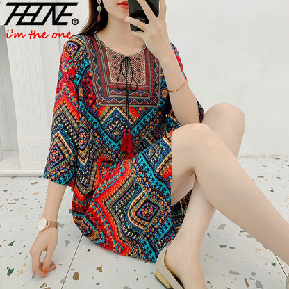 Women's Clothing Women Indian Dress Ready Stock Summer Vintage Causal Korean Style Beach Embroidery Tassel Floral Print Vestidos