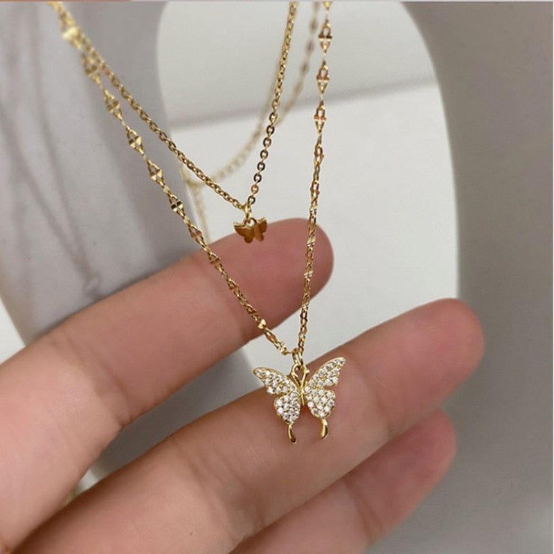 Shiny Butterfly Necklace Exquisite Golden Crystal Pendant Collar Chain Necklace Ladies Wedding Party Jewelry Gift