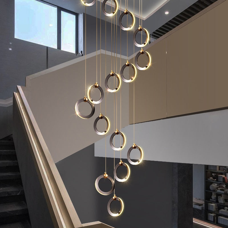 Pendant Staircase LED Attic Villa Living Room Ceiling Pendant Lights 2023 Designer Lamp Nordic Long Annular Staircase Chandelier