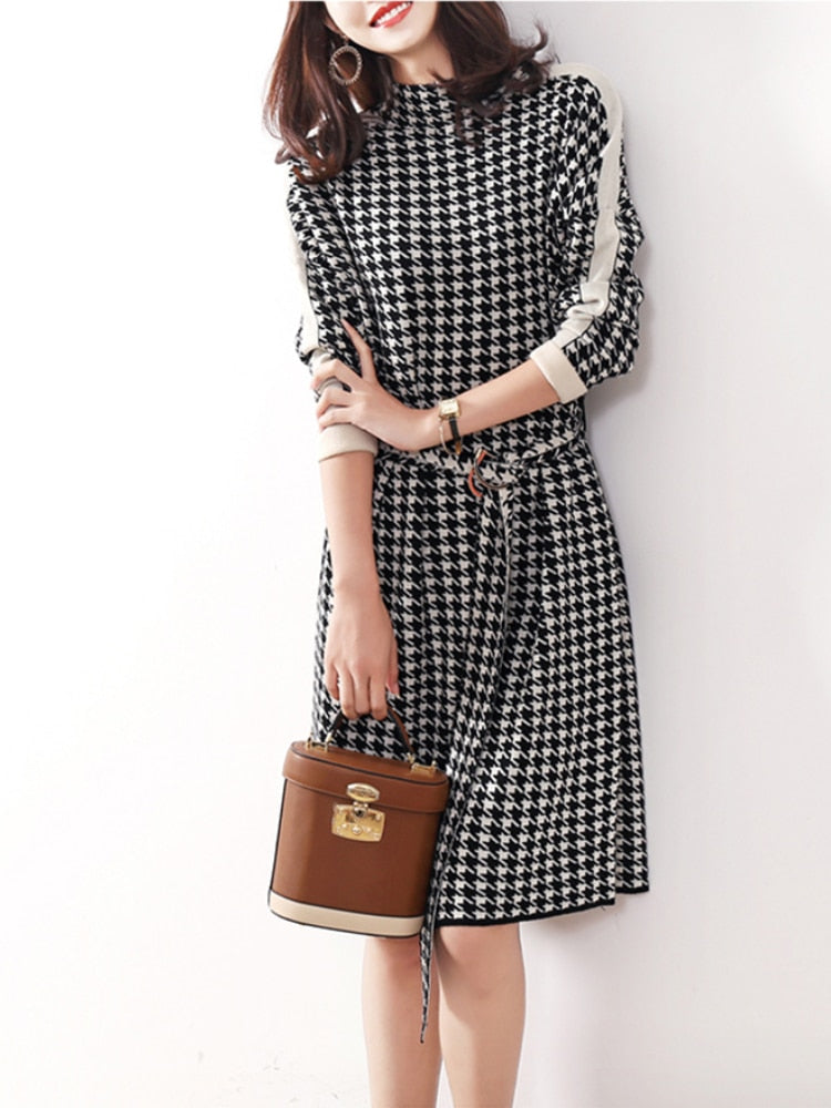 Elegant Dresses for Women Autumn  Winter New Long Sleeve Knitted Dress Vintage Houndstooth Bandage Fashion Sweater Dress Belt