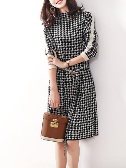 Elegant Dresses for Women Autumn  Winter New Long Sleeve Knitted Dress Vintage Houndstooth Bandage Fashion Sweater Dress Belt