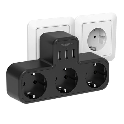 TESSAN EU Wall Socket Extender with 3 AC Outlets and 3 USB Ports 5V 2.4A Power Strip Adapter Overload Protection for Home/Office