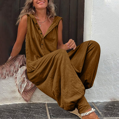 Vintage Button Jumpsuit Summer Women Causal Beach Cross-pants Playsuit Fashion Loose Solid Sleeveless Hooded Romper Streetwear