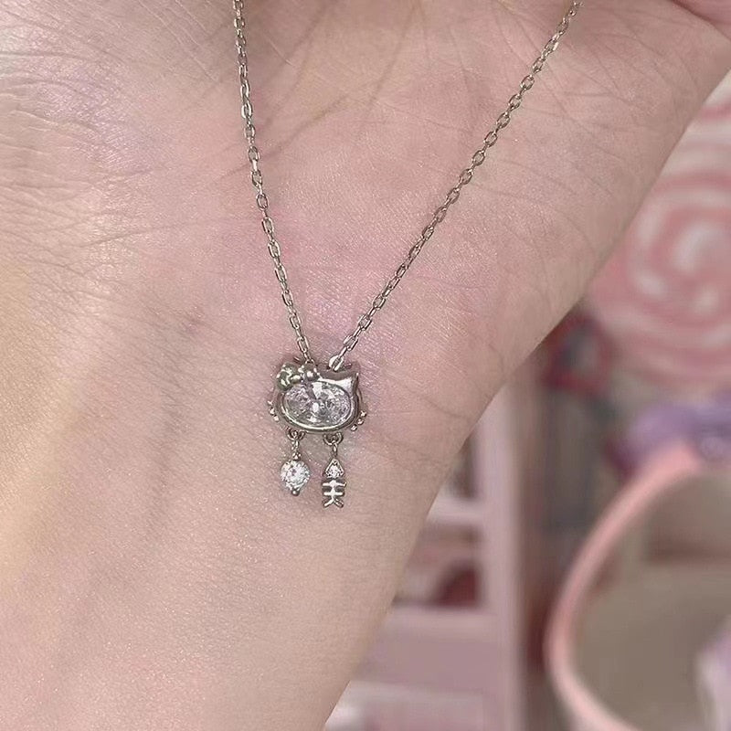 Lovely Cartoon Hellokitty Sanrio Anime Kids Chain Necklaces Cute Hollowed Kitty Crystal Necklace for Women Girls Birthday Gift