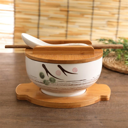 pottery bowls with lids, spoons and chopsticks, rice bowls of noodles and rice, soups, salads, tableware and food containers.