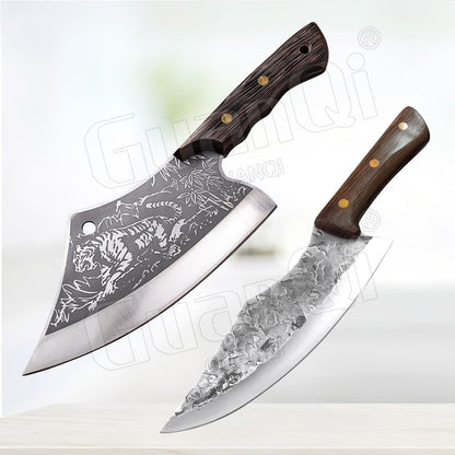 Handmade Forged Stainless Steel Kitchen Knife Cleaver Chinese Butcher Boning Knife Pig Beef Cutting Knife with Knife Wood Handle