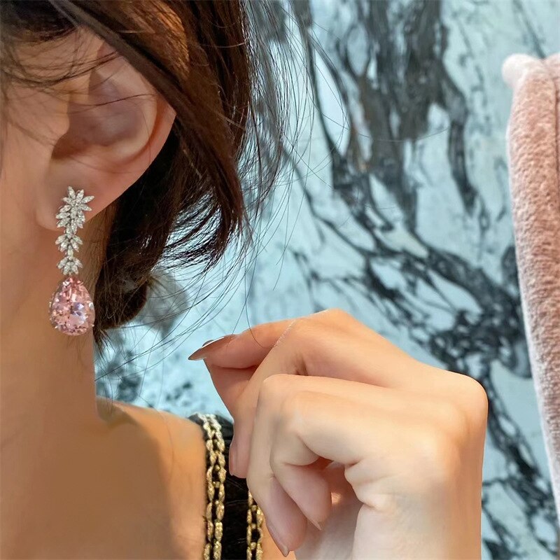 2023 Korea Jewelry Pink Morganite Diamond Water Drop Earrings Female Elegant Long Pendant Earring Trendy Dangler Fine Gift