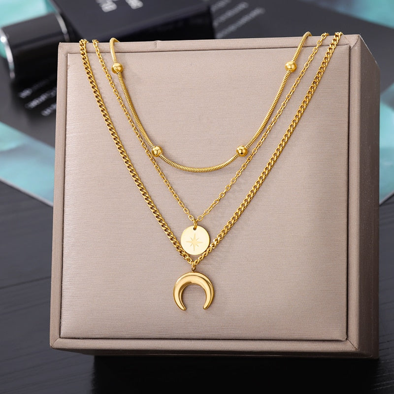 Stainless Steel Geometry Star Moon Butterfly Pendant Multilayer Chain Choker Necklace For Women Wedding Accessories Dropshipping