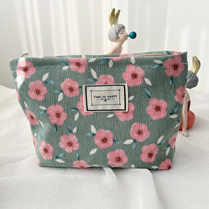 Cosmetic Bag Women Floral Makeup Case Organizer Korean Embroidery Cosmetic Pouch Travel Toiletry Bag Corduroy Canvas Beauty Case