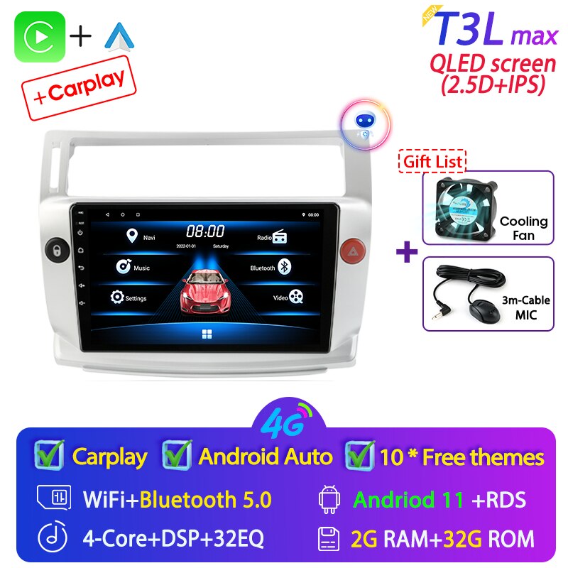 For Citroen C4 C-Triomphe Quatre 2004-2014 Car Radio Multimedia Carplay 2Din DVD Head Unit Stereo Speaker Audio Android 11 Video