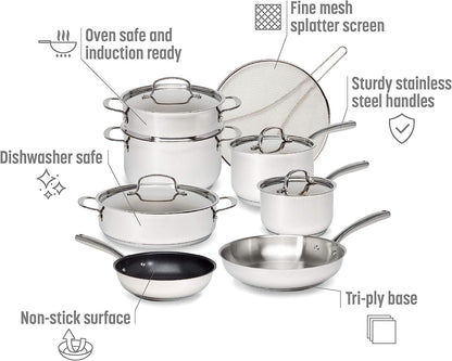 Classic Stainless Steel Cookware Set with Tri-Ply Base for Even Heating, Durable,  Bonded Pots and Pans, Dishwasher Safe Include